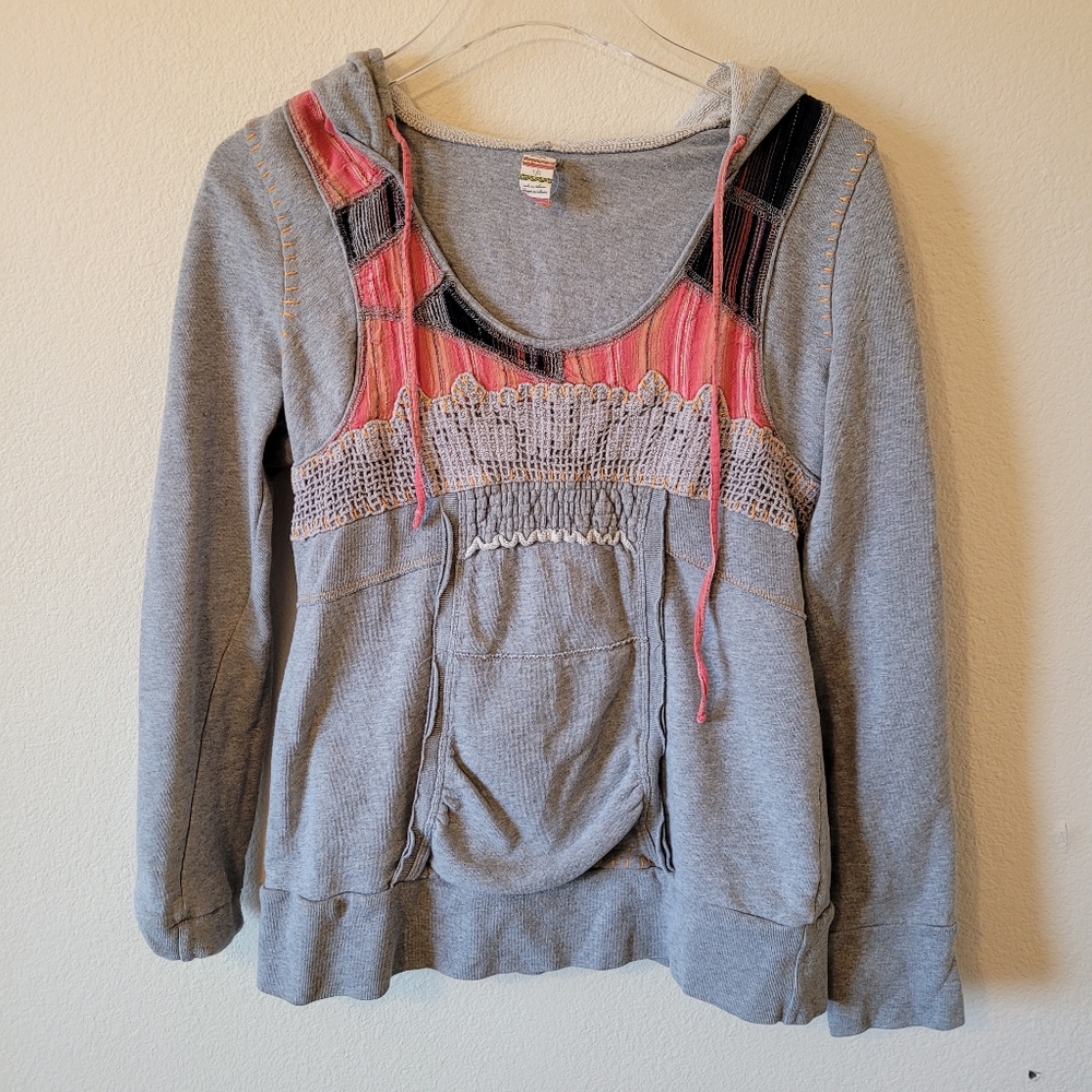 Free People Patchwork Appliqué Pullover Hoodie L